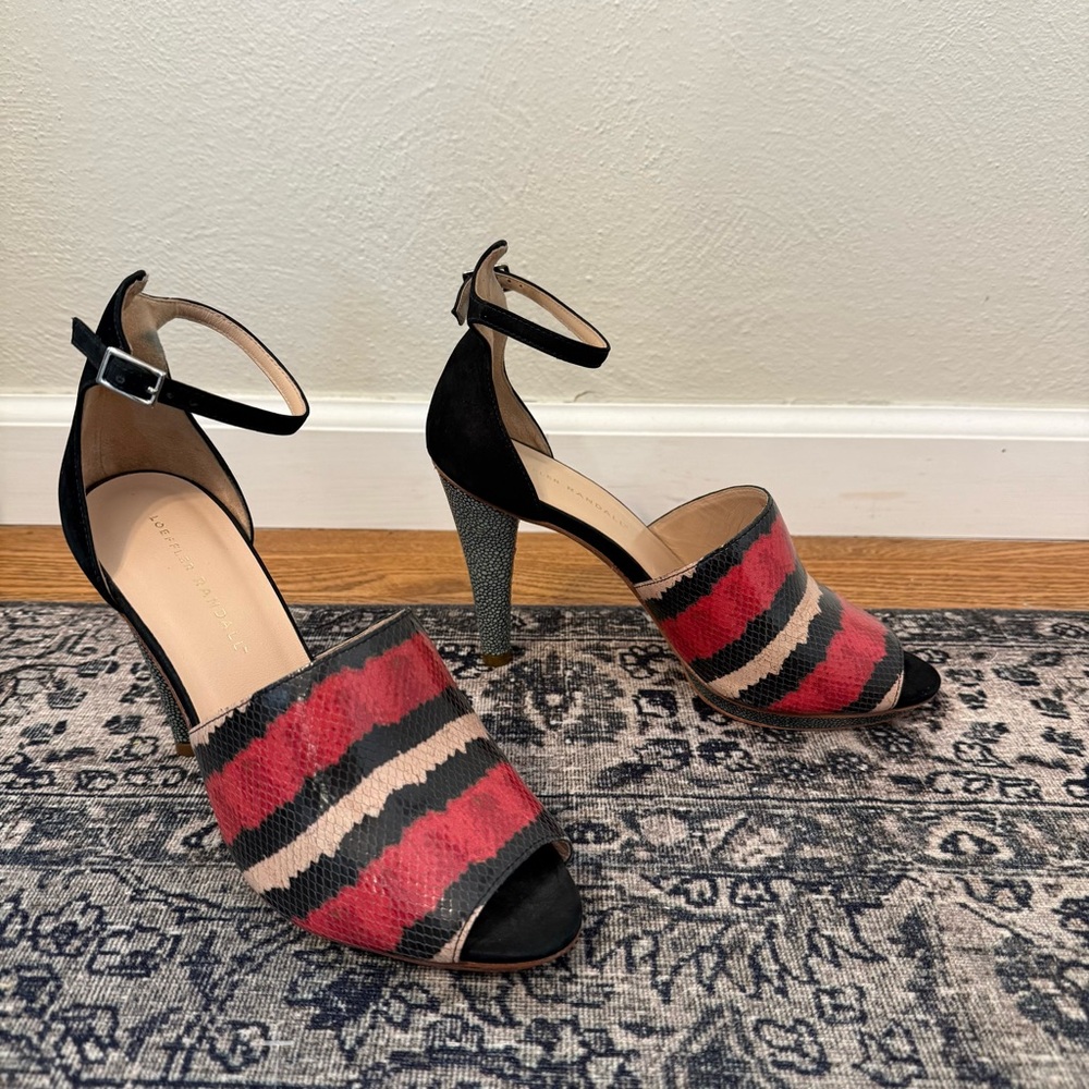Loeffler Randall Women’s 8.5 Rosie Scarlett Stripe Print Open Toe Heels Leather